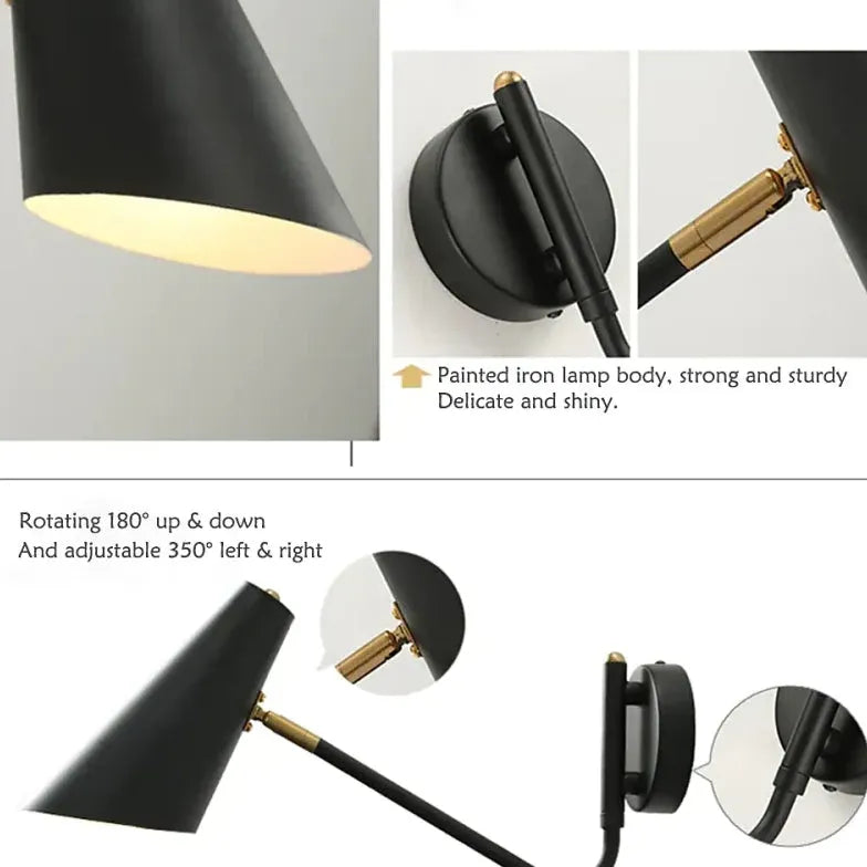 Black Single Arm Wall Light For Bedroom Retro Metal E27