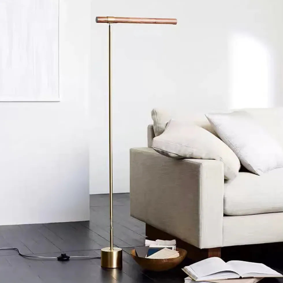 Gold Floor Lamp For Study Room Linear Edge Metal & Wood Warm White Ip20 Led