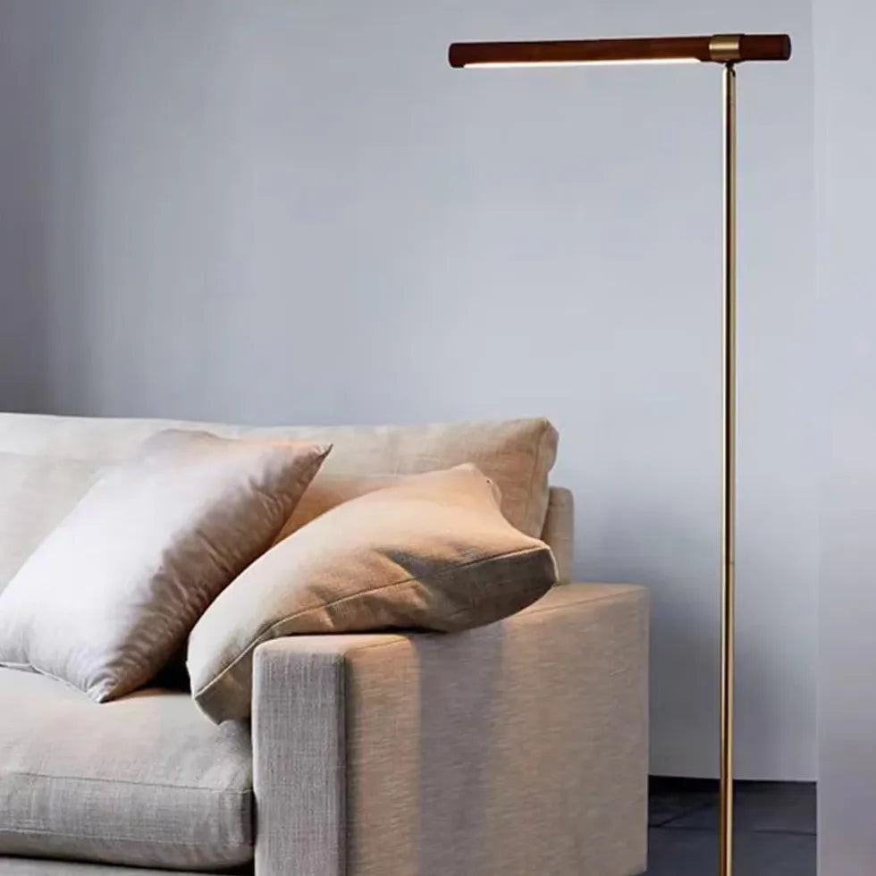 Gold Floor Lamp For Study Room Linear Edge Metal & Wood Warm White Ip20 Led