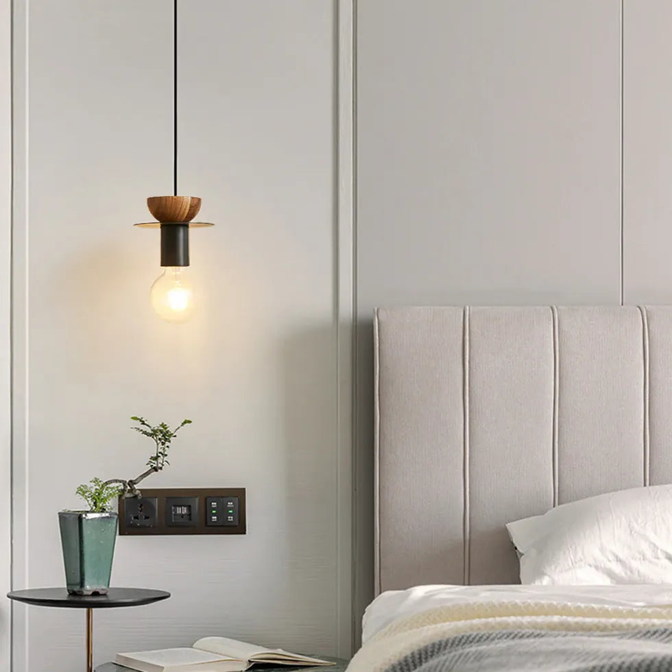 Bedside Pendant Light For Bedroom Hailie Metal & Walnut Warm White Led Ip20