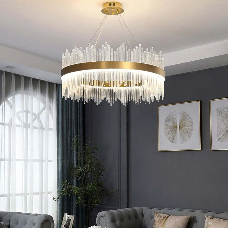 Gold Modern Chandeliers For Bedroom Round Modern Metal & Glass Dimmable Led Strip