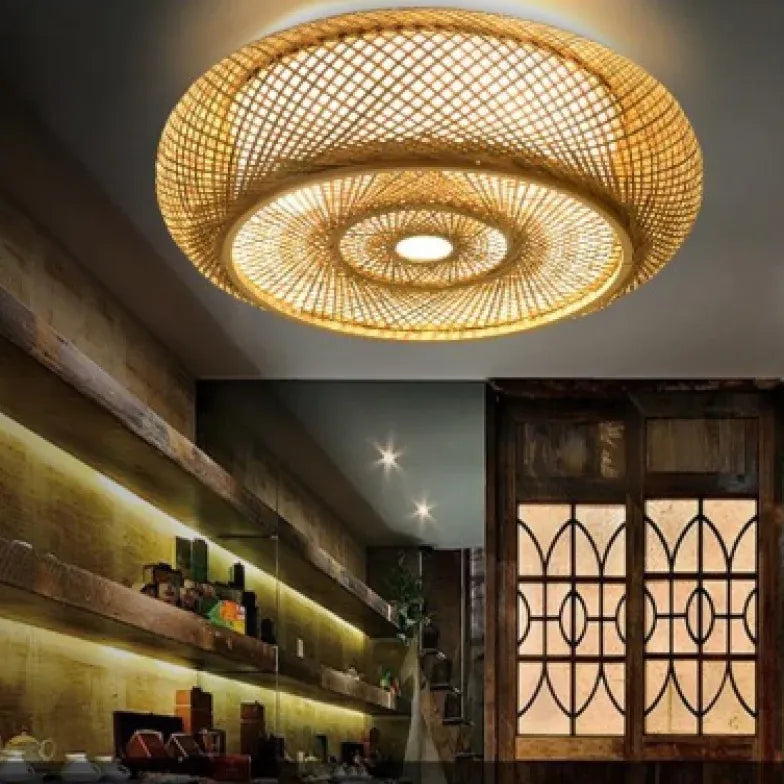 Muto Rattan Woven Rustic Led Flush Mount Light